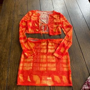 Orange Mesh Bathing Suit Cover Set